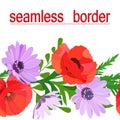 Bright multi-colored seamless border of summer flowers: red poppies, delicate lilac daisies, green leaves isolated on white Royalty Free Stock Photo