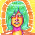 A bright multi-colored sketch of a person with colored green hair and lipstick on a radiant yellow background with traditional art