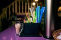 Bright multi colored straws on the bar