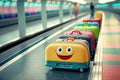 Bright multi-colored suitcases in transit hall in airport baggage claim area