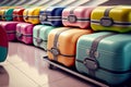 Bright multi-colored suitcases in transit hall in airport baggage claim area