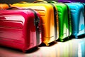 bright multi-colored suitcases in transit hall in airport baggage claim area