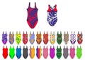 Bright multi colored young girl print and solid fabric swimsuit design template