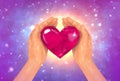 Bright multicolor illustration. Hands hug hold a red heart on a background of starry space. Love, hope, help and charity