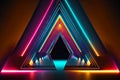 bright multicolor triangular 3d render neon tunnel with illumination