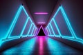 Bright multicolor triangular 3D render neon tunnel with illumination