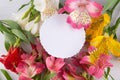 Bright multicolored alstroemeria flowers round bouquet with white blank card for your text. Lily flower bunches, decorations for