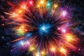 Bright multicolored fireworks in the shape of a heart against the background of the night starry sky and the urban Royalty Free Stock Photo