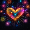 Bright multicolored fireworks in the shape of a heart against the background of the night starry sky and the urban Royalty Free Stock Photo