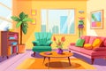 Bright multicolored modern living room interior with green armchair, pink sofa, table and yellow walls Royalty Free Stock Photo
