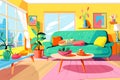 Bright multicolored modern living room interior with green sofa, pink rug and paintings Royalty Free Stock Photo