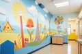 bright, multicolored murals on pediatric ward walls supporting a cheerful decor