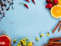 Colorful fruits flowers vegetables and species on a blue background top view.