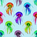 Bright multicolored watercolor seamless pattern on a blue background of the sea jellyfish Royalty Free Stock Photo