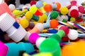 Bright multicoloured plastic toy hammers and bunting for celebrating the feast of St. John the Baptist in Porto, Portugal