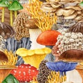Bright mushrooms seamless pattern. Watercolor painted illustration decor. Hand drawn different beautiful mushroom