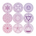 Bright mystery, witchcraft, occult, alchemy, mystical esoteric symbols isolated on white background