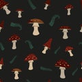 bright mystical pattern with fly agaric and fern isolated on a dark background. Vector illustration of the design for