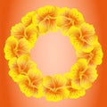 Bright Nasturtium wreath. Wild Yellow flowers. Beautiful Floral circle isolated on red background. Vector illustration. Card