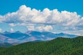 Bright natural background with green forest, blue sky and white clouds over the mountain slopes Royalty Free Stock Photo