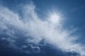 Bright natural sun and thunderous dramatic cloud in blue sky Royalty Free Stock Photo