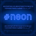 Bright Neon Alphabet Letters, Numbers and Symbols Sign in Vector. Night Show. Royalty Free Stock Photo