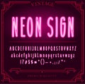 Bright Neon Alphabet Letters, Numbers and Symbols Sign in Vector. Night Show. Royalty Free Stock Photo