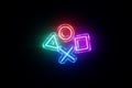 Bright neon background with gaming buttons, triangle circle square cross. Gaming modern design. Concept for online games, e-sports