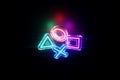 Bright neon background with gaming buttons, triangle circle square cross. Gaming modern design. Concept for online games, e-sports