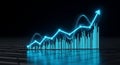 Bright neon blue digital illustration of an upward stock graph and glowing data on a dark server flo Royalty Free Stock Photo