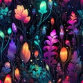 Bright neon colorful bacterial plant leaves glowing in dark repeating pattern on black background