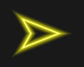 Bright neon cursor arrow on dark background. Lightning yellow direction or pointer sign. Vector realistic illustration