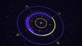 Bright neon 3d abstract animation of circular graph with digits resembling a modern compass rotating on the dark