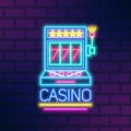 Bright neon gaming slot machine vector flat illustration in outline style. Illuminated sign of casino billboard with