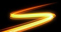 Bright neon glowing light tail, energy wave line with flash lights effect. Magic orange yellow glow swirl trace path, on black