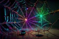 Bright neon glowing spider web. Futuristic digital art. AI generated