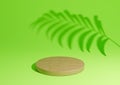 Bright, neon green simple 3D render minimal natural product display composition with one wood podium or stand with palm leaf