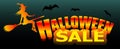 Bright neon Halloween Sale text banner with young witch and bats. Vector