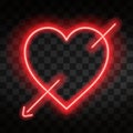 Bright neon heart. Heart sign with cupid arrow on dark transparent background. Neon glow effect