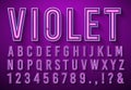 Bright neon letters. Violet glowing font, light box alphabet and neons lights lettering with shadow 3d vector