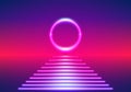 Bright neon lines 80s background as retro sunrise or sundown on the digital sea with sun path