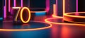 Bright Neon Number 70 on Dark Background With Glowing Lines, Illuminated Circles, 3D Illustration Royalty Free Stock Photo