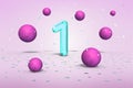 Bright neon number 1, flying shiny balls pink colors and gold confetti on light background, one first birthday, 3d rendering