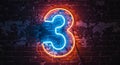 Bright neon number three sign on brick wall background Royalty Free Stock Photo