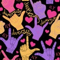 A bright neon pattern from the American sign language I love you, ILY on a black background.