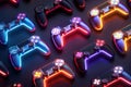 Bright, neon psychedelic colored gaming controllers.