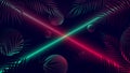 Bright neon rays of red and green, abstract cyberpunk background with illuminated soaring spheres among tropical leaves, vector