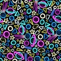 Bright neon seamless pattern with hand-drawn space on a black background Planets, comets, stars, meteorites Royalty Free Stock Photo