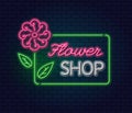 A Bright Neon Sign for a Flower Shop. Neon Plant Logo, flora emblem. Florist. Flower delivery, gardening. Vector.