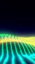 Bright neon waves of green and yellow particles forming a futuristic digital grid surface Royalty Free Stock Photo